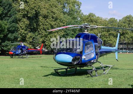 Nancy, Frankreich - Blick auf zwei Hubschrauber Eurocopter AS355 Ecureuil 2 landete in einem öffentlichen Stadtpark mit Bäumen im Hintergrund. Stockfoto