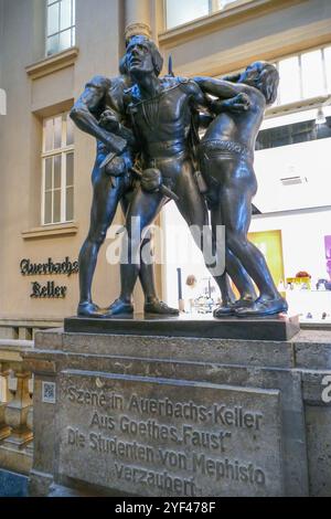Leipzig, Deutschland - 10. September 2024: Mephisto-Statue mit Studenten vor dem Auerbachskeller, dem Ort, an dem die Faust stattfand, mit Text - p Stockfoto