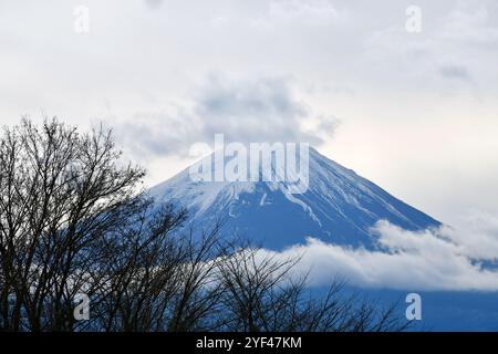 Fuji mit Schnee auf dem Gipfel im Dezember 2018 mit klarem blauen Himmel, vom Kawaguchiko See aus gesehen Stockfoto