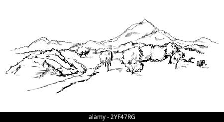 Mesoamerica Azteken antike Pyramidenruinen auf einem Ebenen grasbewachsenen Feld mit Bäumen, Bergen und Hügeln im Hintergrund, isolierte malerische Landschaft. Handgezeichneter Tintenvektor Stock Vektor