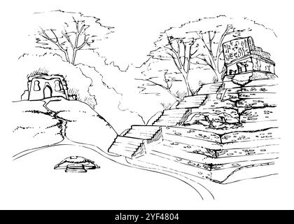 Mesoamerica Azteken antike Pyramiden Ruinen auf einem Ebenen Feld mit Dschungelbäumen, Bergen, Hügeln und abgeschiedener landschaftlicher Landschaft. Handgezeichneter Tintenvektor Stock Vektor