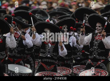 Teilnehmer, die 2024 an der jährlichen Mega-Parade am Tag der Toten in der Reforma Avenue teilnehmen, auf einer Route von Chapultepec zum Hauptplatz Zocalo im Rahmen der mexikanischen Dia de Muertos-Feierlichkeiten. Am 2. November 2024 in Mexiko-Stadt. (Kreditbild: © Ian Robles/OKULARIS via ZUMA Press Wire) NUR REDAKTIONELLE VERWENDUNG! Nicht für kommerzielle ZWECKE! Stockfoto