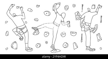 Set Rock Climber Doodle. Klettern im Indoor Park an der Wand. Vektor Hand gezeichnet flache Sammlung Illustration isoliert auf weißem Hintergrund. Stock Vektor