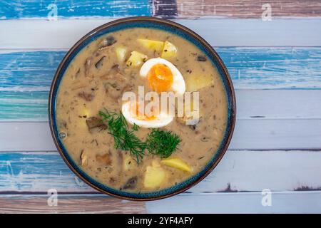 Das Bild zeigt eine Schüssel mit traditioneller tschechischer Kulajda-Suppe mit cremiger Textur mit sichtbaren Pilzstücken, Kartoffeln und einem pochierten Ei Stockfoto