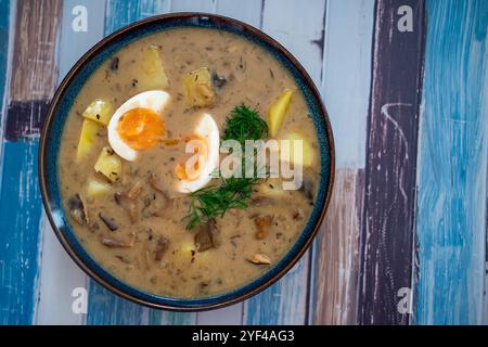 Das Bild zeigt eine Schüssel mit traditioneller tschechischer Kulajda-Suppe mit cremiger Textur mit sichtbaren Pilzstücken, Kartoffeln und einem pochierten Ei Stockfoto
