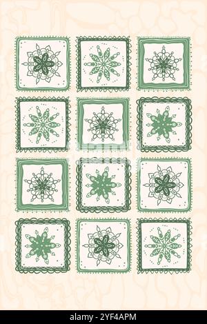 Dekorative Fliesen im grünen Mandala-Stil auf beigefarbenem Hintergrund. Vektor handgezeichnet flache Illustration. Stock Vektor