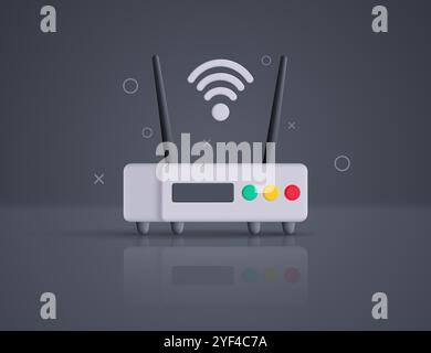 Moderner 3D-Modemrouter mit WLAN-Symbol auf grauem Hintergrund mit geometrischen Formen. Vektorabbildung. Stock Vektor