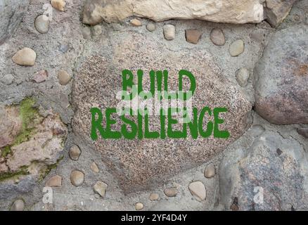 Symbol für Belastbarkeit erstellen. Steinmauer mit Worten schafft Widerstandsfähigkeit. Wunderschöner Steinhintergrund. Business- und Build Resilience-Konzept. Kopierbereich. Stockfoto