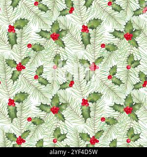 Stechpalmenbeeren mit Blättern und immergrüner Kiefer, Tannenzweig. Nahtloses Weihnachtsmuster. Aquarell, botanische Illustration des Markers. Handgezeichnet isoliert A Stockfoto