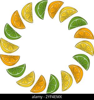 Orange-, Zitronen- und Limettenscheiben, Circle Frame-Rand in trendigen Farben. Dekorative Vorlage. Kopierbereich. Isolierte Vektor-Illustration Thematische Karten, Poster, Faltblatt, Banner, Preisschild, Label oder Web-Werbeaktion Stock Vektor