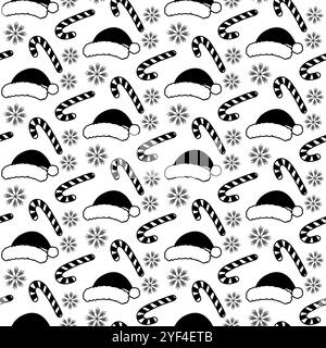 Bonbon Cane, Weihnachtsmannmützen und Schneeflocken nahtloses Muster in trendigem Doodle. Schwarz-weißer Hintergrund. Isolierte Vektor-Illustration Weihnachtstapete Thematische Karten, Posterbroschüre, Etikett oder Web-Promo Stock Vektor