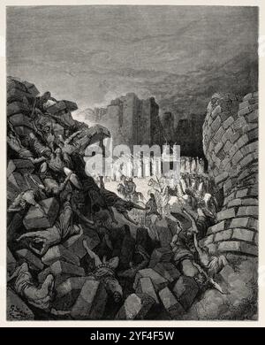 Die Mauern von Jericho fallen herunter. Altes Testament. Antike Bibelillustration von Gustave Dore (1832–1883) Stockfoto