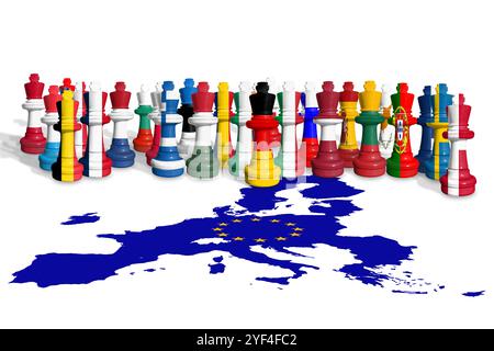 Schach aus den Flaggen der EU-Mitglieder auf weißem Hintergrund mit der Flaggenkarte der Europäischen Union Stockfoto
