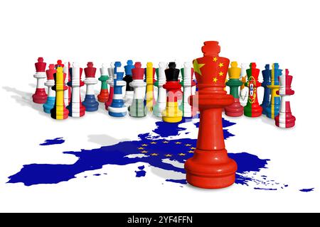 Schach aus EU-Mitgliedstaaten und China-Flaggen isoliert auf weißem Hintergrund mit der Flaggenkarte der Europäischen Union Stockfoto