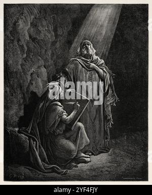 Jeremia diktiert Baruch seine Prophezeiung. Altes Testament. Antike Bibelillustration von Gustave Dore (1832–1883) Stockfoto