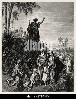 Johannes der Täufer predigt in der Wüste Judäas und sagt: „Buße, denn das Himmelreich ist nahe gekommen.“ Neues Testament. Antike Bibelillustration von Gustave Dore (1832–1883) Stockfoto