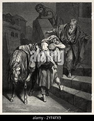 Der barmherzige Samariter bringt den verletzten Mann in die herberge (Lukas 10:34) des Neuen Testaments. Antike Bibelillustration von Gustave Dore (1832–1883) Stockfoto