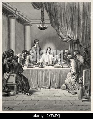 Das Letzte Abendmahl. Jesus und die Jünger beim Letzten Abendmahl (Matthäus 26,20) Neues Testament. Antike Bibelillustration von Gustave Dore (1832–1883) Stockfoto