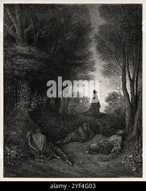 Jesus betet im Garten Getsemani auf dem Ölberg in Jerusalem. Neues Testament. Antike Bibelillustration von Gustave Dore (1832–1883) Stockfoto