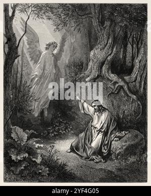 Ölberg. Jesus trifft einen Engel im Garten Getsemani in Jerusalem. Neues Testament. Antike Bibelillustration von Gustave Dore (1832–1883) Stockfoto