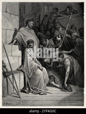 Die Menge verspottet Jesus. Neues Testament. Antike Bibelillustration von Gustave Dore (1832–1883) Stockfoto