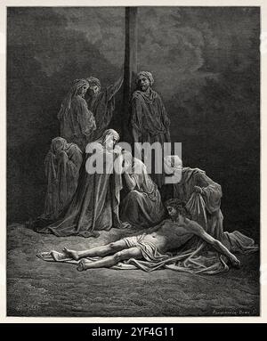 Der tote Christus, umgeben von Maria und den Jüngern, wird vom Kreuz genommen. Neues Testament. Antike Bibelillustration von Gustave Dore (1832–1883) Stockfoto