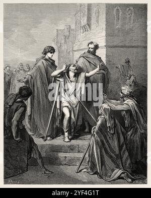 Der Heilige Peter und der Heilige Johannes heilen einen lahmen Mann. Neues Testament. Antike Bibelillustration von Gustave Dore (1832–1883) Stockfoto