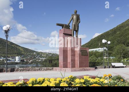 PETROPAVLOVSK-KAMTSCHATSKI, KAMTSCHATKA, RUSSLAND, 07. September 2015: Ansicht des Denkmals des ersten Militärgouverneurs von Kamtschatka V. S. Zavoiko in der Stadt P. Stockfoto