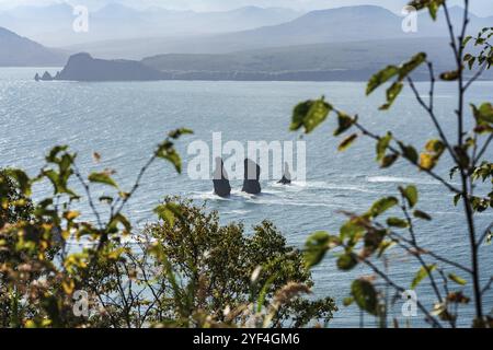 Atemberaubende Meereslandschaft der Kamchatka Halbinsel: Blick von oben auf felsige Berggipfel Inseln im Meer, Three Brothers Rocks in Avacha Bay (Pazifik) an sonnigen Tagen Stockfoto