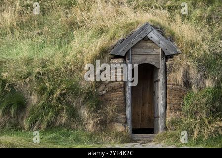 Traditionelles Rasenhaus mit Holztür und Grasdach, Nachbildung eines Wikinger Langhauses, Heimat von Eirikr Ãžorvaldsson oder Erik dem Roten, EiriksstaÃ Stockfoto