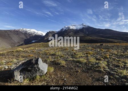 Panorama-vulkanische Landschaft Kamtschatkas: Herbst Blick auf Kozelsky Vulkan im Hintergrund des blauen Himmels. Avachinskaya-Koryaksky Gruppe von Vulkanen, Stockfoto