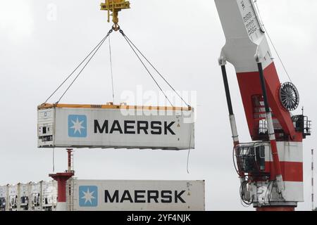 Crane entlädt das Containerschiff Sevmorput, ein russisches nuklear betriebenes Eisbrecherfeuchter an Bord des Schiffsträgers. Containerterminal Seehafen im Pazifischen Ozean. Stockfoto