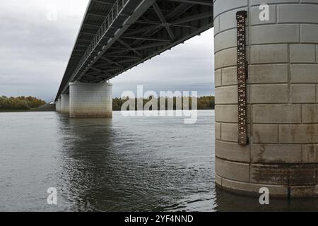 Von unten auf die Brücke stützt sich der Fluss Kamchatka, der längste, größte und am meisten überflutete Fluss auf der Kamchatka Halbinsel. Blick auf die Brücke auf bedecktem Weber Stockfoto