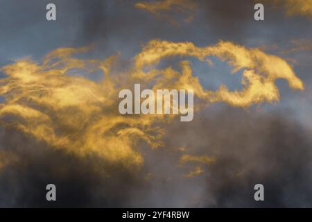 Flauschige Gewitterwolken, die bei Sonnenuntergang durch verschwindende Strahlen und dunkle Gewitterwolken erhellt werden, die über sonnigen blauen Himmel schweben, um das Wetter der Saison zu ändern. Stockfoto