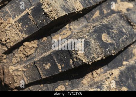 In der Nähe von alten Gummi Mud Terrain Reifen mit verschlissenen verschleißfeste Lauffläche. Schwarzen schlammigen Off-Road-Reifen auf Allradantrieb Lkw mit anhaftenden Schmutz af Stockfoto