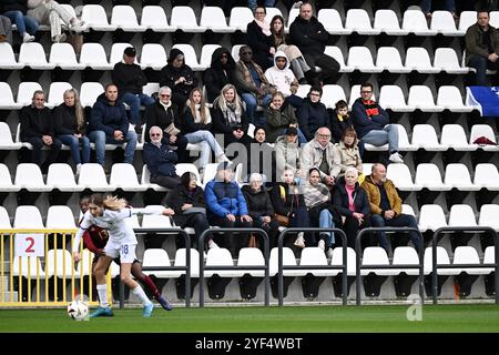 Tubize, Belgien. November 2024. Fans, die während eines Fußballspiels zwischen den belgischen Frauen unter 17 Mannschaften, den Red Flames, und Bosnien und Herzegowina in der UEFA Women's U17 Turnier 1 Spieltag 1 in der Gruppe A2 am Sonntag, den 3. November 2024 in Tubize, Belgien, gezeigt wurden. Quelle: Sportpix/Alamy Live News Stockfoto