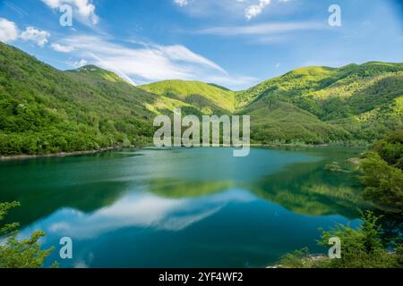 Blick über den Lago di Vagli Lucca, Toscana, Italien. Grüne Landschaft am Lago di Vagli *** Blick über den Lago di Vagli Lucca, Toskana, Italien Grüne Landschaft am Lago di Vagli Stockfoto