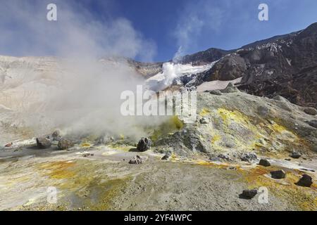 Vulkanlandschaft von Kamtschatka: Heiße Quellen und Fumarolen Feld im Krater des aktiven Vulkans Mutnovsky. Russischer Fernost, Kamtschatka-Halbinsel Stockfoto