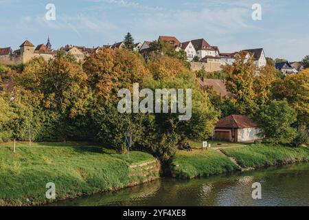 Herbstlandschaft, Fluss Und Ufer Mit Bäumen, Büschen Und Stadthäusern Marbach Am Neckar. Panoramablick auf den Fluss in Einem Stadtpark. Laub Stockfoto