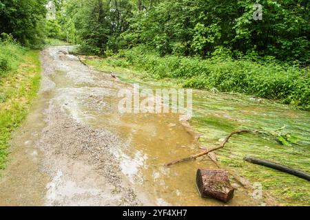 Ein Sturzbach fliesst einen Weg hinunter aufgrund von Hochwasser, Leutkirch, Baden Württemberg, Deutschland Hochwasser im Allgäu *** Ein Fluß fließt einen Weg hinunter aufgrund von Hochwasser, Leutkirch, Baden Württemberg, Deutschland Hochwasser im Allgäu Stockfoto