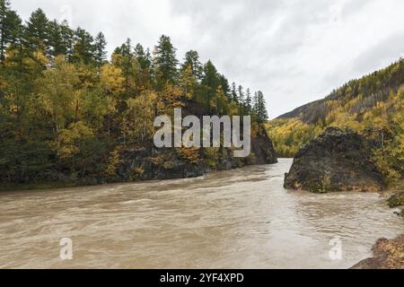 Wunderschöne Herbstlandschaft Kamtschatkas: Bergfluss, der zwischen felsigen Bergen durch bunten Wald fließt. Eurasien, Russischer Fernost, Kamtschatka Penins Stockfoto