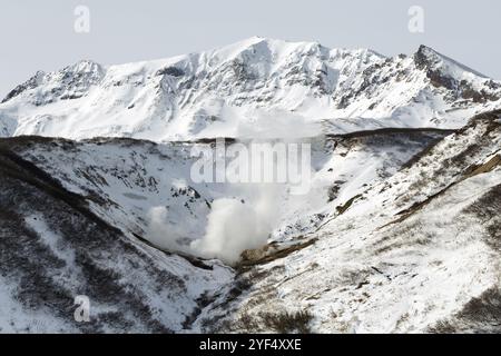 Vulkanlandschaft der Kamtschatka Halbinsel. Landschaft Winterblick auf das geothermische Tal von Dachnye Hot Springs: Beliebte touristische Attraktion in vulkanischem Zo Stockfoto