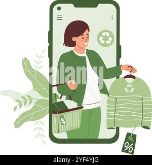 Umweltfreundliche Online-Shopping-Bekleidung nachhaltige Mode. Frau im Telefon, die einen modischen Pullover aus recyceltem Material kauft Stock Vektor