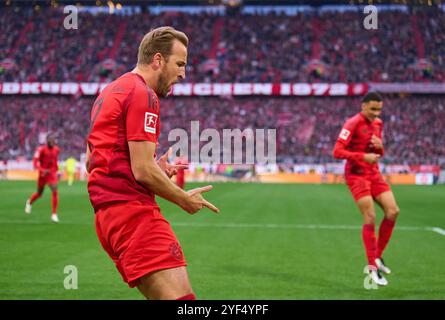 Harry Kane, FCB 9 feiert sein Tor, Happy, lagh, Celebration, 1-0 im Spiel FC BAYERN MÜNCHEN - 1.FC UNION BERLIN 3-0 am 2. November 2024 in München. Saison 2024/2025, 1.Bundesliga, FCB, München, Spieltag 9, 9.Spieltag-Fotograf: ddp-Bilder / STAR-Bilder - DFL-VORSCHRIFTEN VERBIETEN JEDE VERWENDUNG VON FOTOGRAFIEN als BILDSEQUENZEN und/oder QUASI-VIDEO - Stockfoto