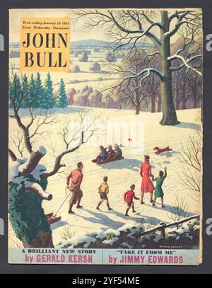 John Bull Magazine, Großbritannien, vom 24. Januar 1953. Covergemälde des Illustrators Ronald Lampitt über die Winterszene, Familie im Schnee. Stockfoto