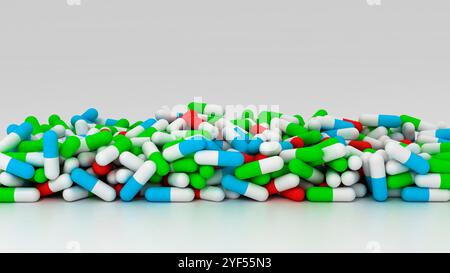 Arzneimittelpillen, Tabletten und Kapseln auf leerem Hintergrund. Kopierbereich. Medizinische Konzepte. Minimalistisches abstraktes Konzept. 3D-Rendering Stockfoto