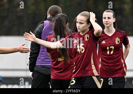 Tubize, Belgien. November 2024. Janthe Ruymen von Belgien, die nach einem Fußballspiel zwischen den belgischen Frauen unter 17 Mannschaften, genannt die roten Flammen, und Bosnien und Herzegowina in der UEFA Women's U17 Turnier 1 Spieltag 1 in der Gruppe A2 am Sonntag, 3. November 2024 in Tubize, Belgien, gezeigt wurde. Quelle: Sportpix/Alamy Live News Stockfoto