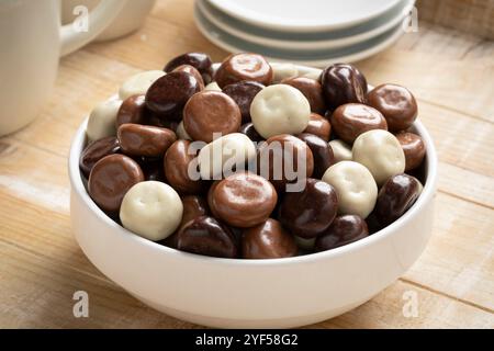 Schüssel mit einer Mischung aus Schokolade überzogenen traditionellen niederländischen Kruidnoten, Lebkuchenkeksen, Nahaufnahme Stockfoto