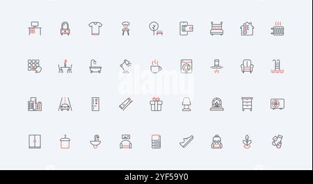 Möbel, Haushaltsgeräte, Inneneinrichtung der Wohnung für das tägliche Leben, Symbol Set. Küchenmaschinen und Geräte, Kamin und Bett dünne schwarze und rote Umrisssymbole Vektorillustration Stock Vektor