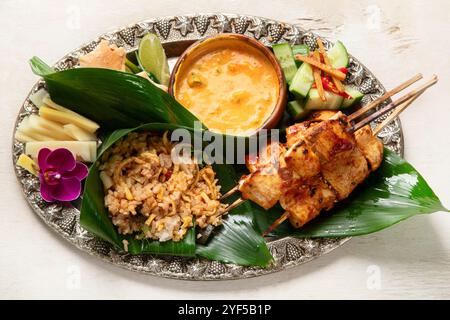Ein traditioneller indonesischer Hühnersatay, serviert mit gedämpftem Reis und Sauce auf hellem Hintergrund. Draufsicht. Stockfoto